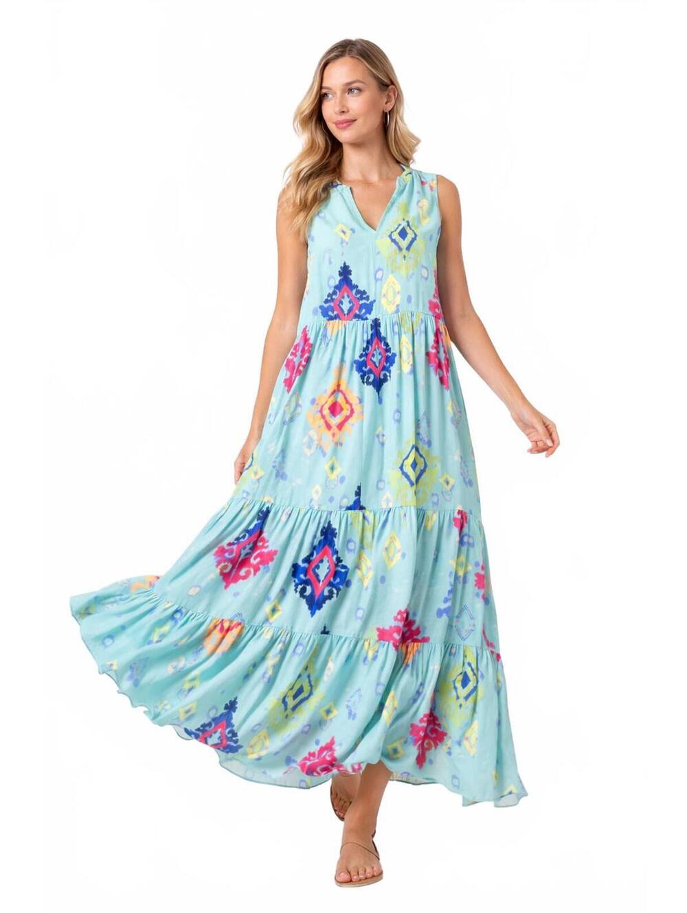 FAIRHOPE Boho Maxi Dress XL Aqua Ikat Print Tiered Sleeveless Flowy